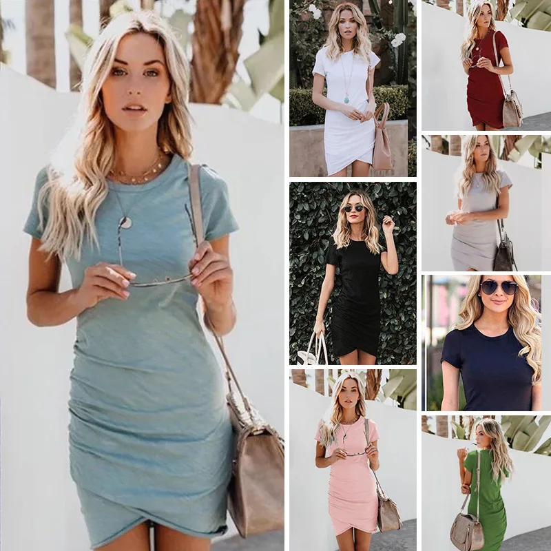 Мини платье женские летние платья с коротким рукавом однотонное сексуальное