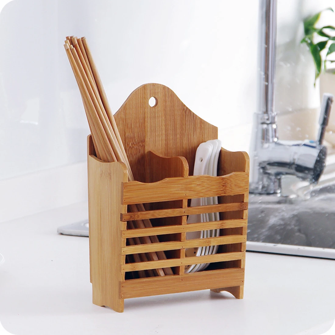 

Bamboo Double Rows Chopsticks Holder Box Spoon Fork Storage Rack for Kitchen