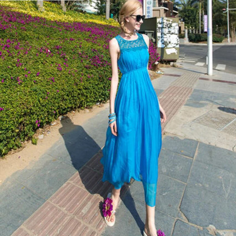 New Real 100%Silk Dress Women Natural Silk High Quality Elegent Holiday Beach Long dress White Free Shipping