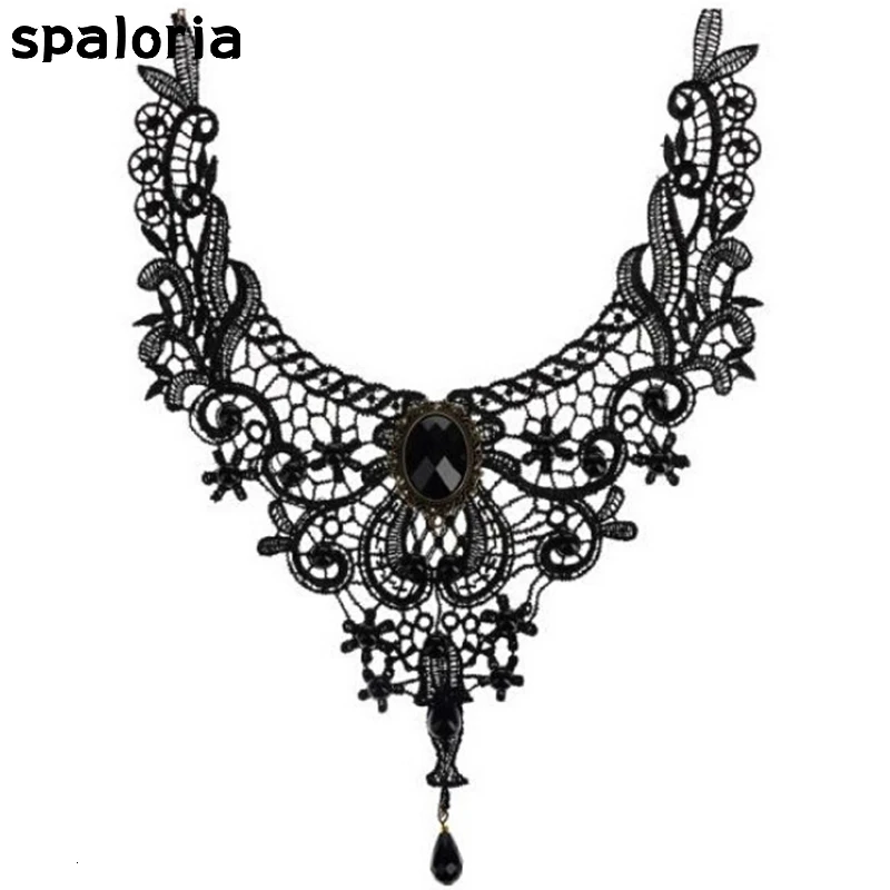 Spaloria готический черный кристалл кружево колье для женщин Мода Виктория Винтаж ключицы цепи воротник массивные украшения