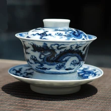 Ручная роспись синий и белый Пять драконов шаблон супница высокого класса сырой руды чайное покрытие чаша