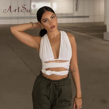 

ArtSu Sexy Fashion Multiway Bandage Hollow Out Crop Tops Deep V Neck Women Camisole Summer Streetwear White Tank Top