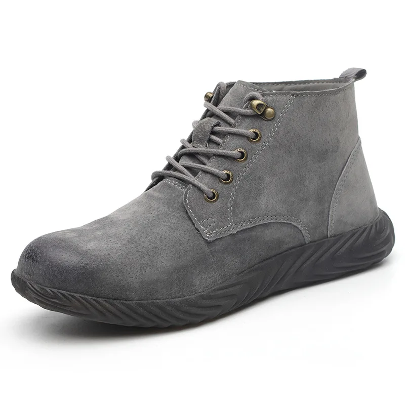 Мужские строительные уличные ботинки с высоким берцем и стальным носком, защитная обувь из свиной кожи, ПРОКАЛЫВАЮЩИЕ ботильоны, Рабочая обувь для мужчин - Цвет: Gray High