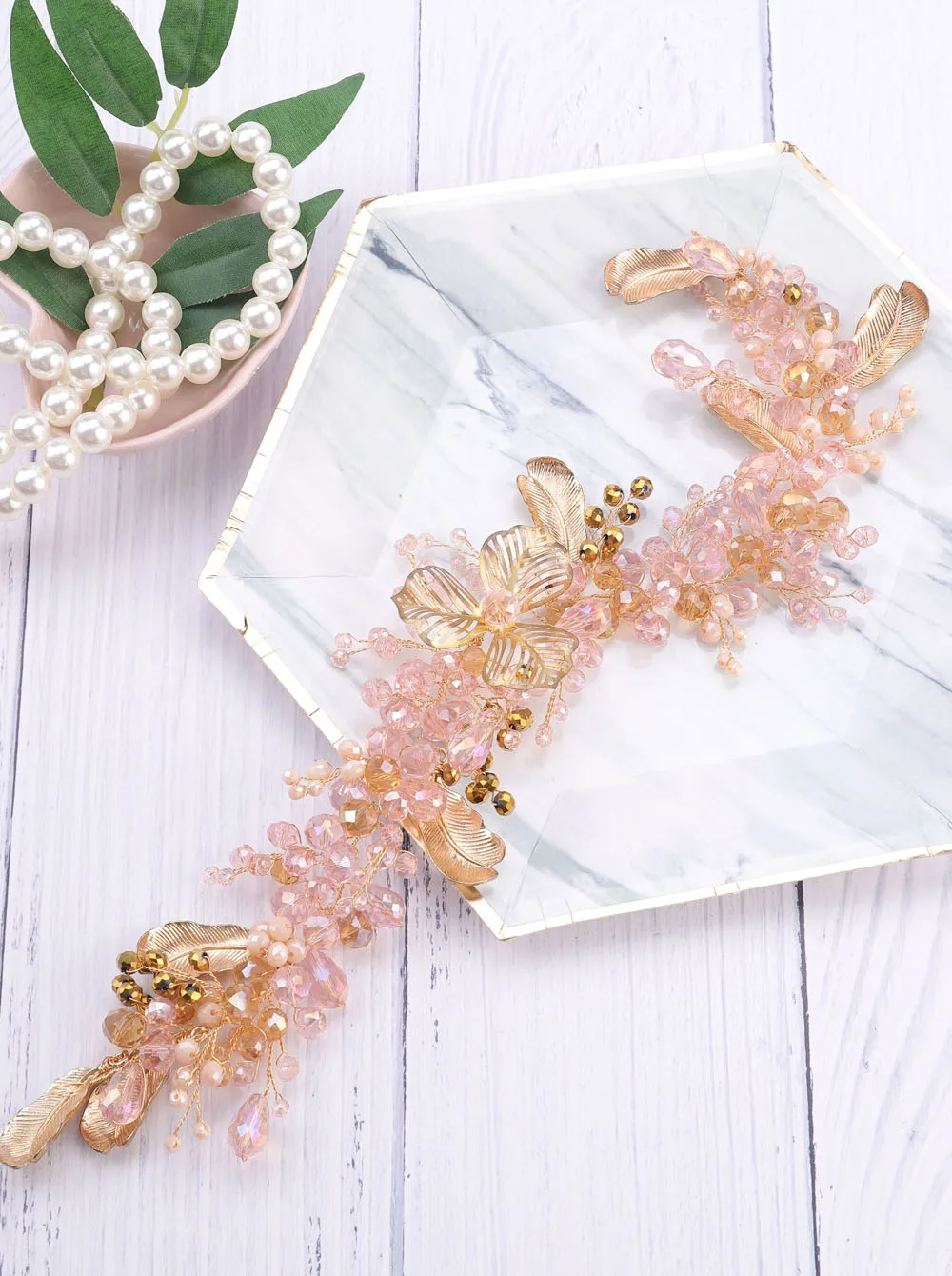 Brideamaid Flower Headband Gold Pink Crystal Wedding Hair Vine Hairpiece Bridal Hair Accessories