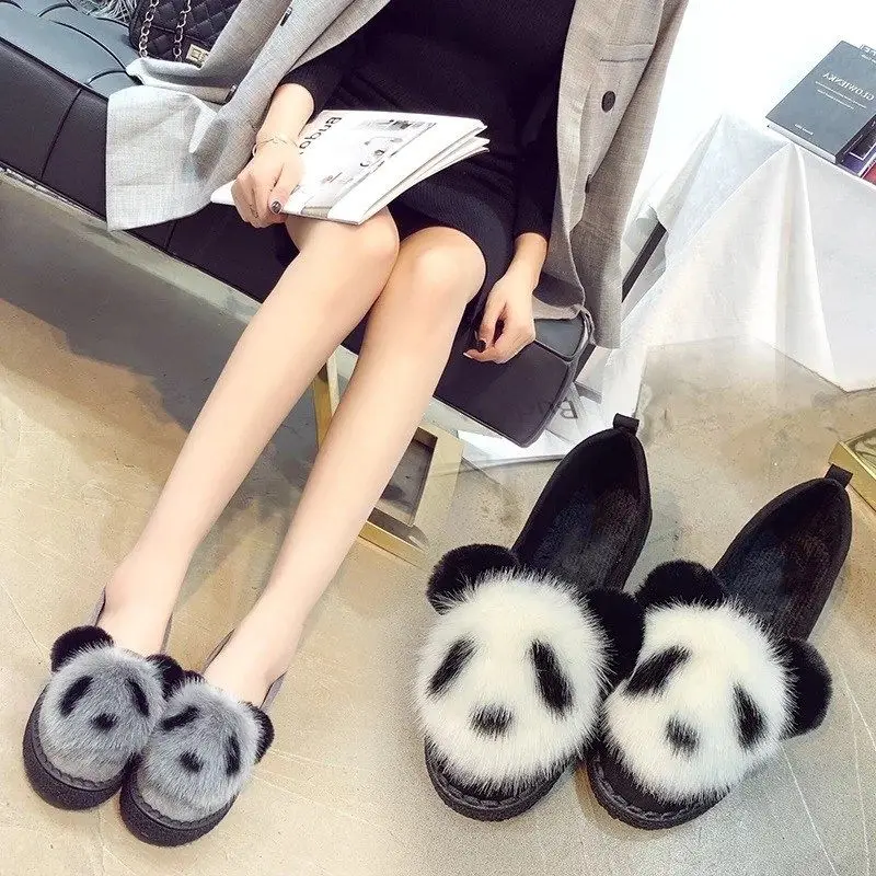 

2019 new winter models plus velvet rabbit shoes wild lazy peas shoes Student winter women's shoes warm flat cotton shoes