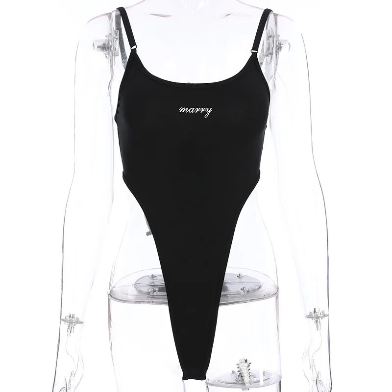 Cotton high cut summer hot sale bodysuits good quality letter print spaghetti strap black bodysuit women 2020 body jumpsuits