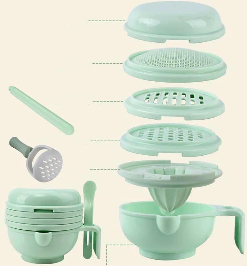 9PCS Baby Grinding Mill Food Supplement Set Feeding Dishes Hygiene Kit Infants Tableware Handmade Manual Plate Spoon Suits