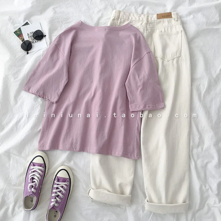 Летние повседневные Женский комплект 2 шт. г., повседневные однотонные штаны, комплект из двух предметов, костюм фиолетовая персиковая футболка+ белые штаны одинаковые комплекты