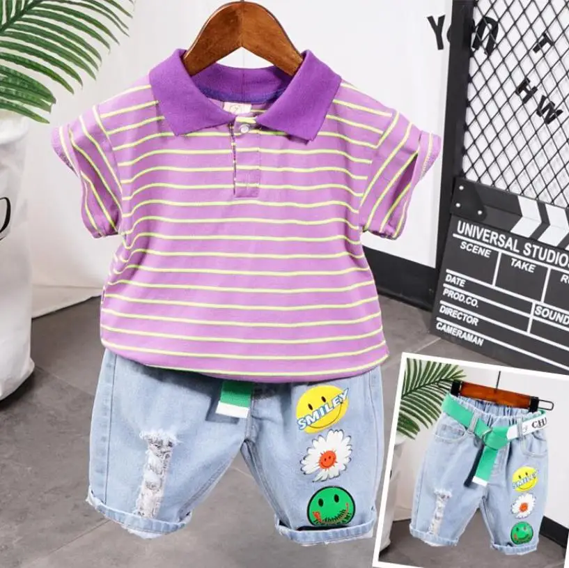 

New Baby Boy Clothes Cotton Lapel T-Shirts Tops + Denim Shorts 2pcs Outfits Infant Kids Summer Children Clothes Set 2-6Years