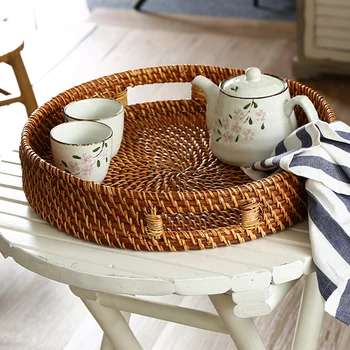 

European Rattan Round Fruit Food Tea Set Storage Tray Home Portable Jewelry Display Tray Living Room Snack Debris Storage Box