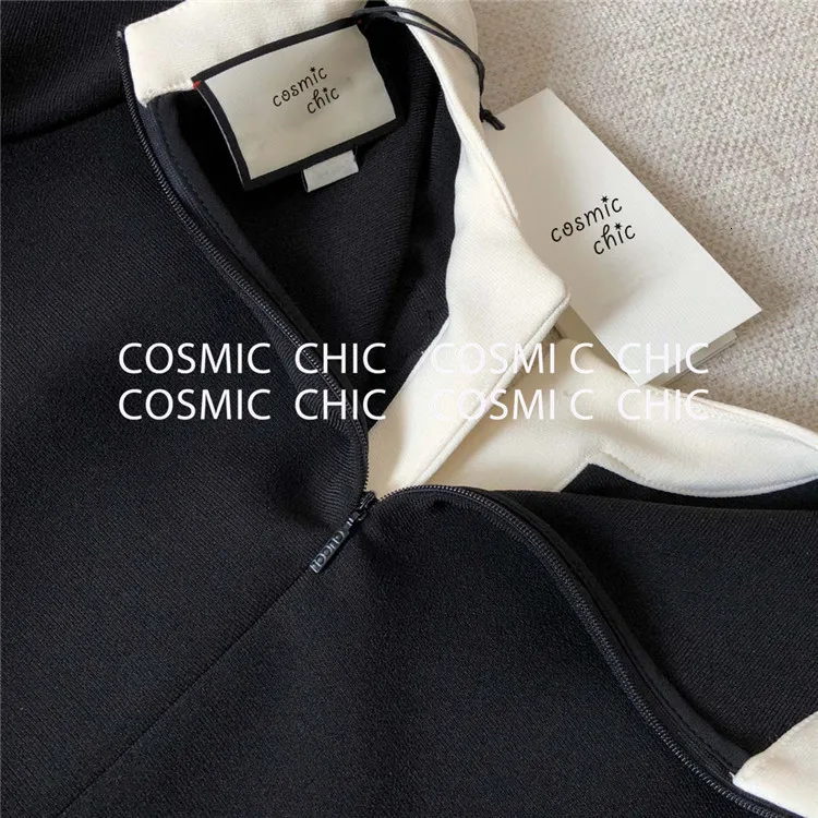Cosmicchic, высокое качество, модное, элегантное, круглый вырез, черный, белый цвет, контрастная строчка, короткий рукав, платье для офиса