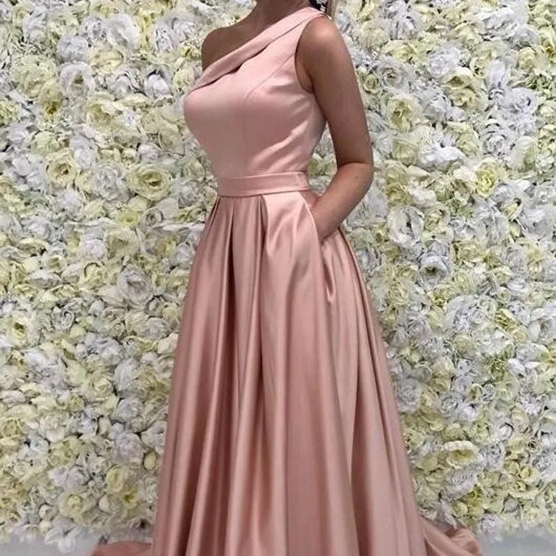 Elegant One shoulder Evening Dresses Formal Gowns A line Princess Satin With Pockets Floor Length Prom Dress Custom Made
