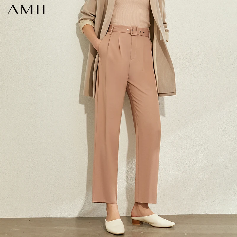 AMII Minimalism Spring Summer Solid Pleated Causal Women Pants Fashion High Waist Belt Ankel-length Female Pants 12030176 AMII Minimalism Spring Summer Solid Pleated Causal Women Pants Fashion High Waist Belt Ankel-length Female Pants 12030176