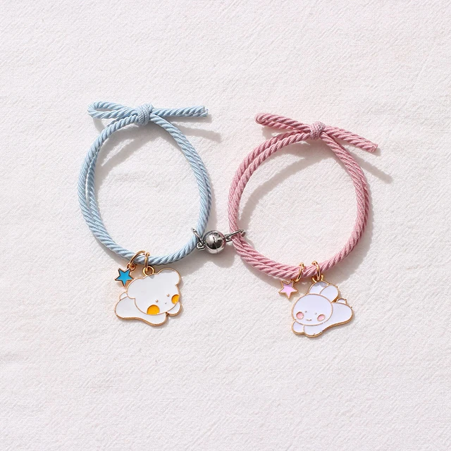 2pcs / Set Magnet Attracts Couple Bracelet Cute Cartoon Charm Jewelry Adjustable Elastic Rope Bracelets Lover Gift for Women Men 3
