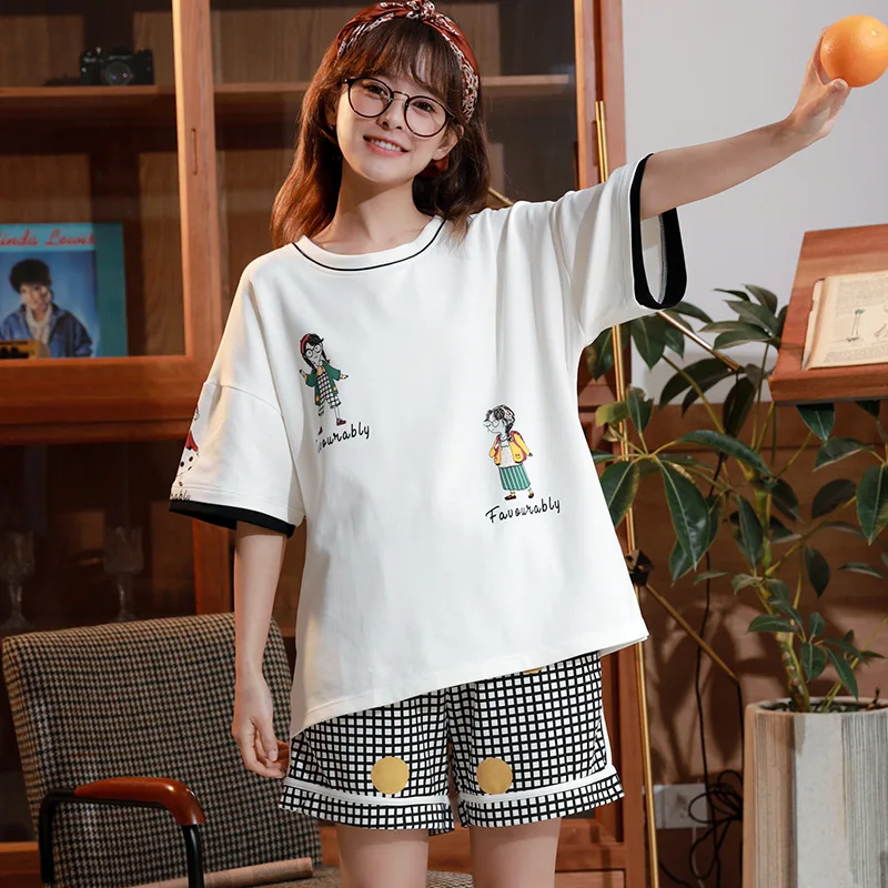 

Summer New Style 2020 Korean-style Cute Cartoon Plaid Pajamas Two-Piece Casual Loose-Fit T-shirt Shorts Home Wear
