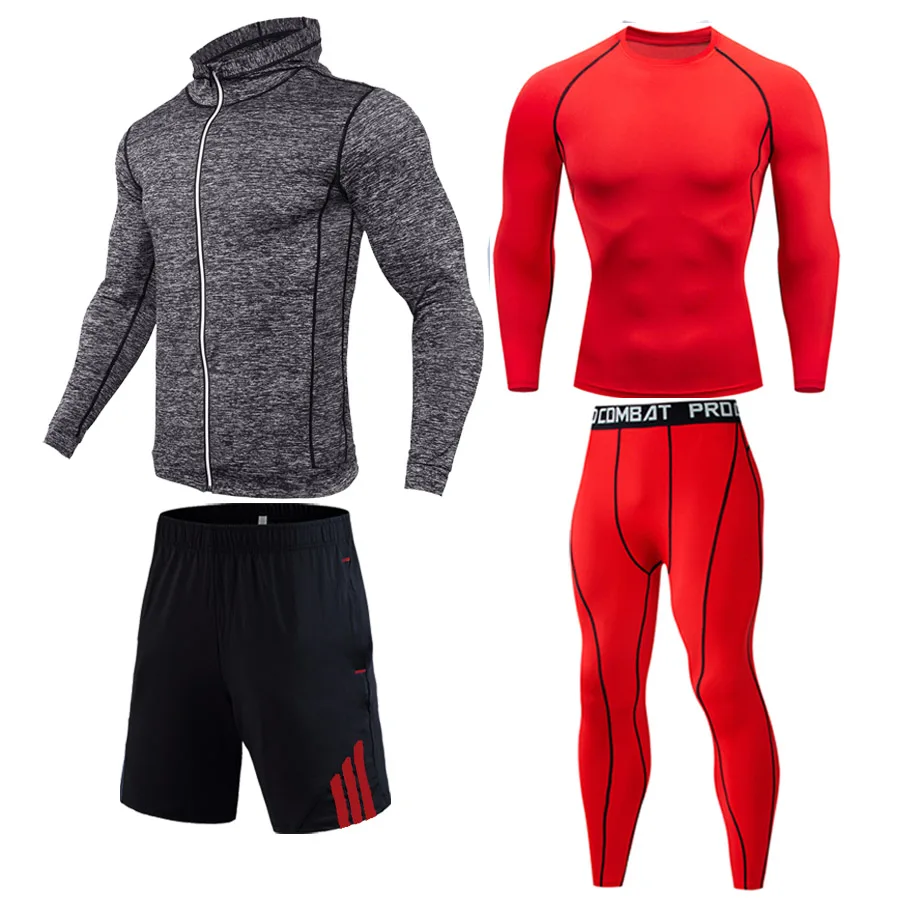 Новая однотонная мужская одежда для спортзала компрессионная футболка спортивные шорты леггинсы Толстовка термобелье xxxxl комбинация - Color: red 4-piece suit