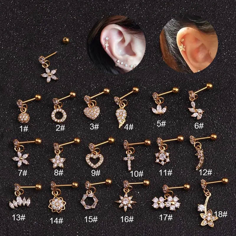

1PC Dangle Piercing Cartilage Earring With Cz Flower Star Crown Heart Cross Wing Dainty Conch Tragus Helix Stud Earring