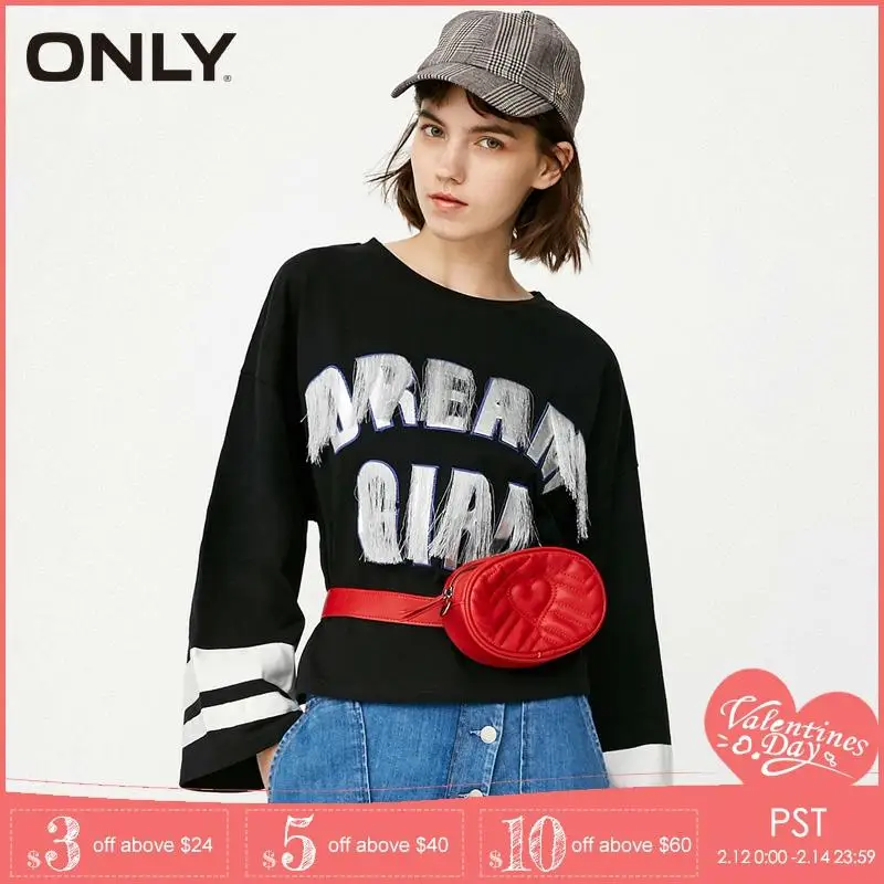 Только женский свободный крой письмо патч бахромой 100% хлопок круглый вырез с