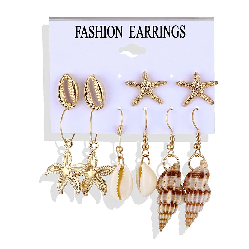 VKME fashion shell earrings set ladies bohemian flowers long tassel earrings 6 pairs / set ladies Brincos Beach Jewelry - Окраска металла: ZL0000624-3