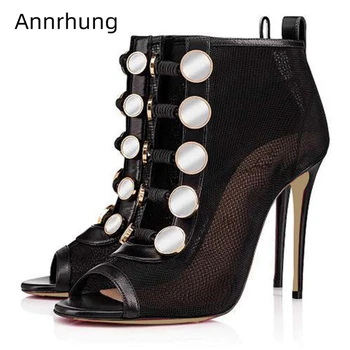 

Sexy High Heels Air Mesh Pumps Women Peep Toe Stiletto Heel Shoes Cut Out Buckle Decor Slip On Shoes Runway Zapatos Mujer