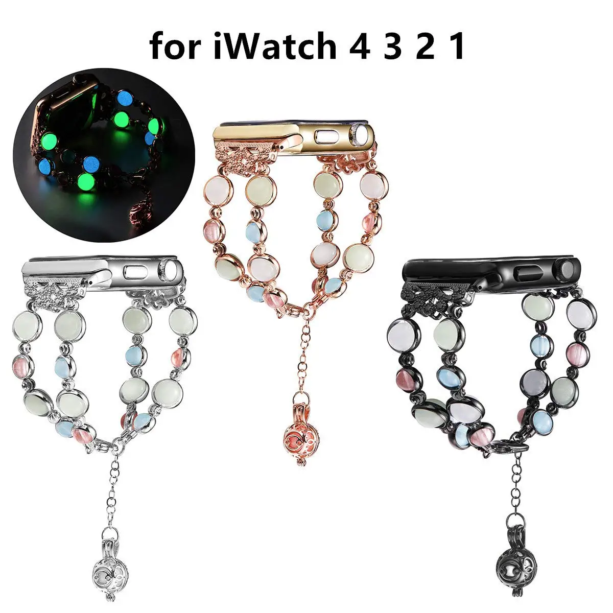 

KeBitt strap For apple watch band , Adjustable Wristband Night Luminous Pearl iWatch Bracelet with Perfume Storage Pendant Women