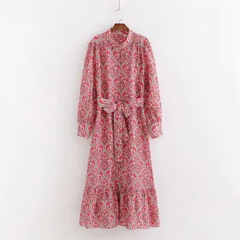

2020 Spring Women's New Round Neck Long Sleeve Laminated Decorative Hem Belted Dress Print Midi Front Buttoned Closure Dress
