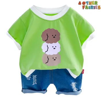 

New cartoon printed cloud T-shirt denim shorts baby boy clothing summer short-sleeved shorts two-piece casual baby boy suit