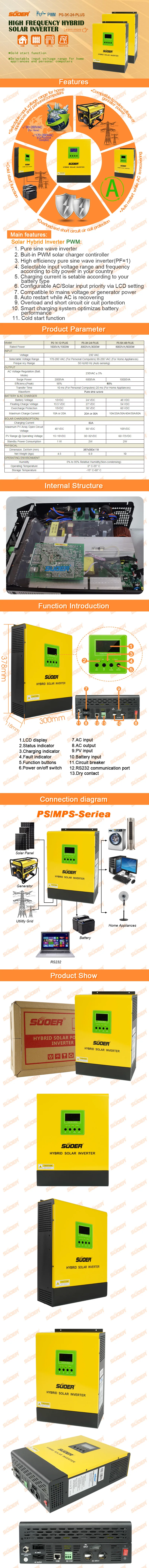 Suoer【Hybrid Inverter】 24 в 230 в 3000 Вт постоянного тока в переменный ЖК-дисплей Встроенный ШИМ Солнечный контроллер заряда(PS-3K-24-Plus