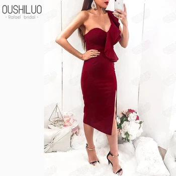 

Burgundy Stretch Satin Tiered Ruffles One Shoulder Evening Dress With Sweetheart Side Slit Tea Length Sheath Bandage Party Wear