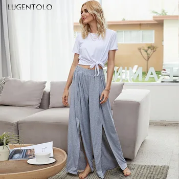 

Lugentolo Women Summer Pants Elastic High Waist Split Wide Leg Casual Solid Gray Solid Loose Sexy Lady Pants