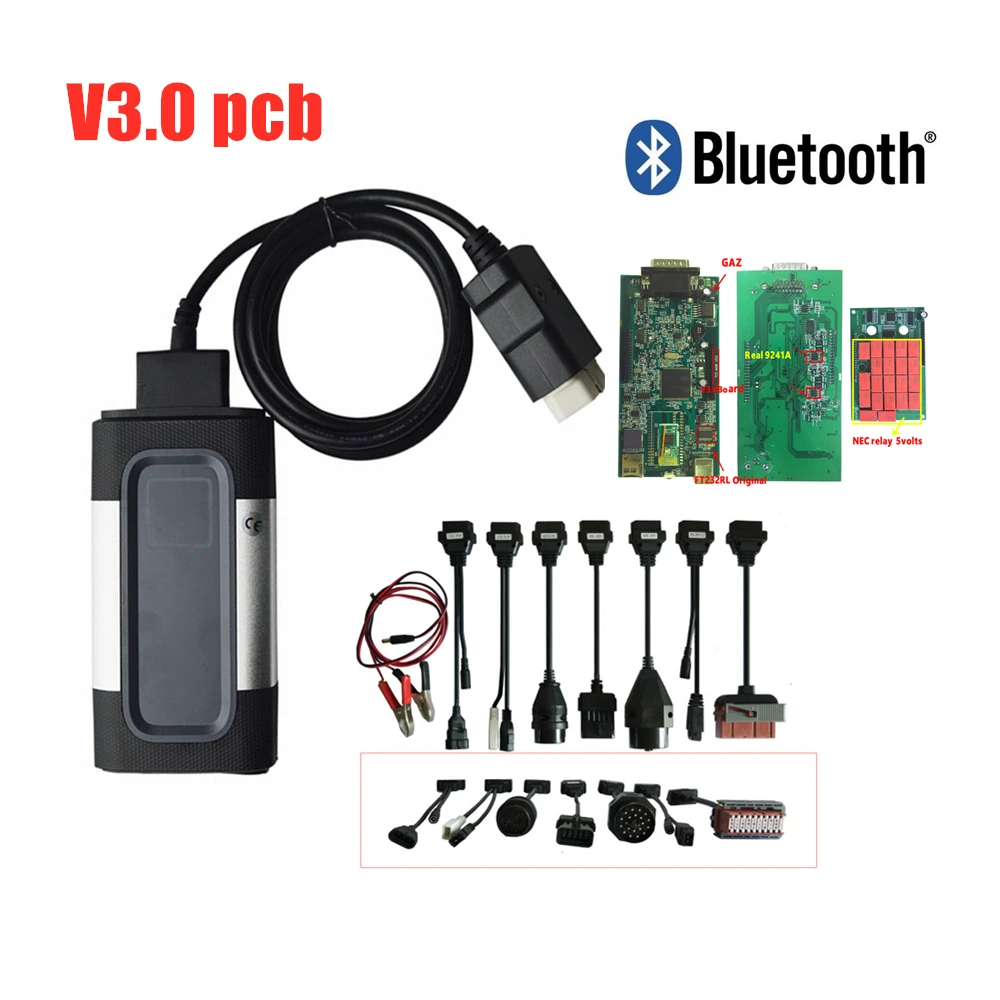 Черный VD TCS C-D-P V3.0 pcb. R0 keygen с bluetooth для Autocomes диагностический инструмент obd2 сканер+ 8 автомобильных кабелей - Цвет: with bluetooth