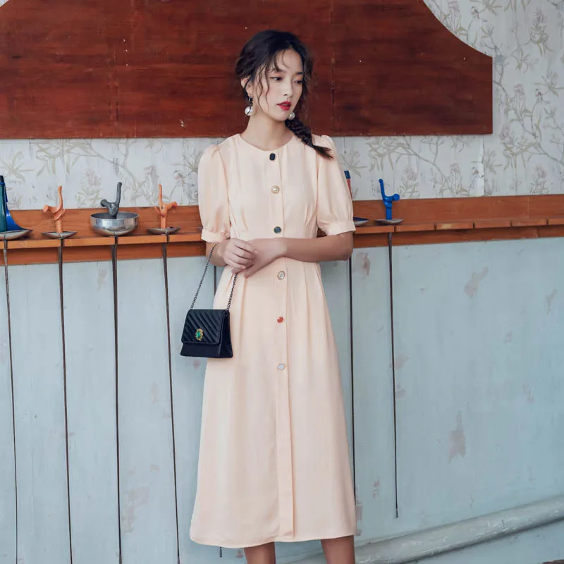 

Retro Color Buttons France Non-mainstream Dress High-waisted French GIRL'S Mid-length