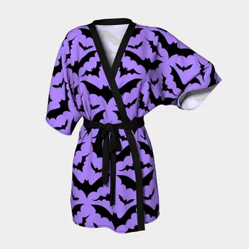 

Women Sexy Bathrobe Dressing Gowns Long Robe Women Shawl Bat Print Kimono Half Sleeve Nightgown Cardigan Top Cover Up Coat #3