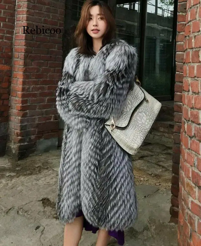 

Chic Women Girl Winter Outwear Faux Fox Fur Pattern Mid Long Coat Parka Jacket Winter Outdoor Fur Coat Overcoat