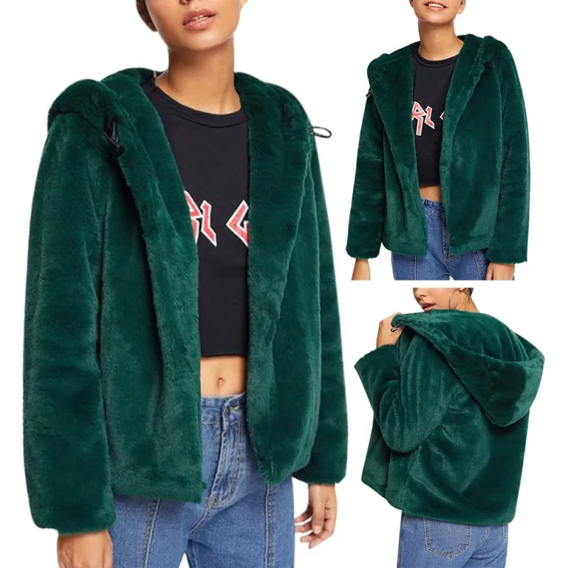

Faux Fur Coats Women Winter Warm Fluffy Jackets Female Fake Fur Cropped Jacket Hooded Open Front Solid Color Overcoat X