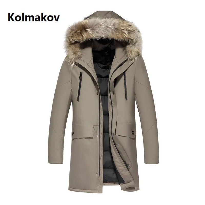 Зима натуральный мех воротник 90% белый утиный пух с капюшоном куртки мужские, повседневные мужские куртки с капюшоном, теплое Мужское пальто M-3XL - Цвет: Хаки