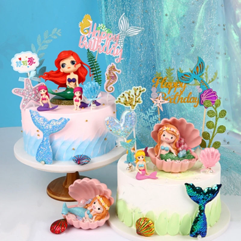 Ocean Mermaid Cake Toppers Scallop Seaweed Seahorse Starfish Decor 1st Birthday Happy Party Kids Girls | Дом и сад