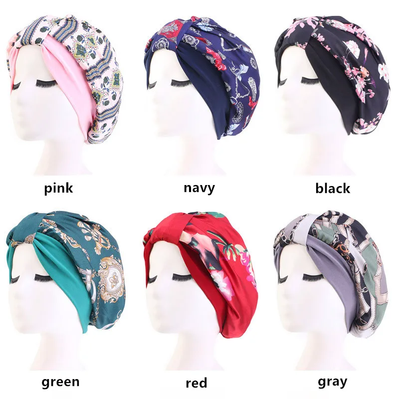 Fashion Stretch Turban Cap Simulation Silk Muslim Hat Sleeping Hat Chemotherapy Cap Retro Print Bandanas Headwear Elegant Hijab