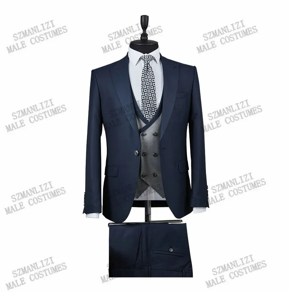 

2021 Formal Business Men Suits Navy Blue Light Grey Vest Costume Wedding Groom Tuxedo Slim Fit Terno Masculino Prom Party Blazer