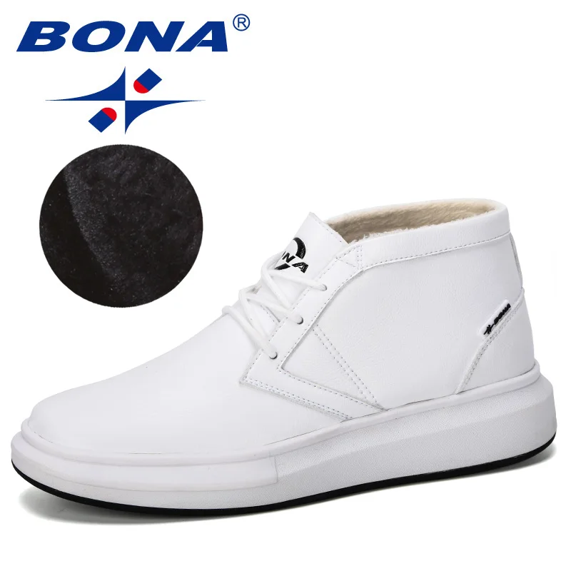 White BONA/Новинка года; дизайнерская популярная Стильная мужская обувь из вулканизированной кожи; мужские высокие модные кроссовки на шнуровке; Высокий стиль; однотонные плюшевые кроссовки - Цвет: White