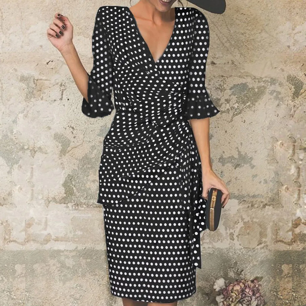 Женское платье, платья для вечеринок, vestidos sukienki, женское модное элегантное платье в горошек с v-образным вырезом, рукав три четверти, длина до колена