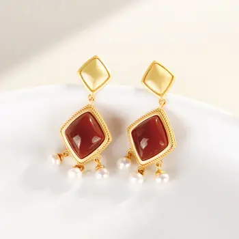 

Newsilver inlaid natural red agate pearl earrings niche craftsmanship high-grade light luxury palace style women's brand jewelry