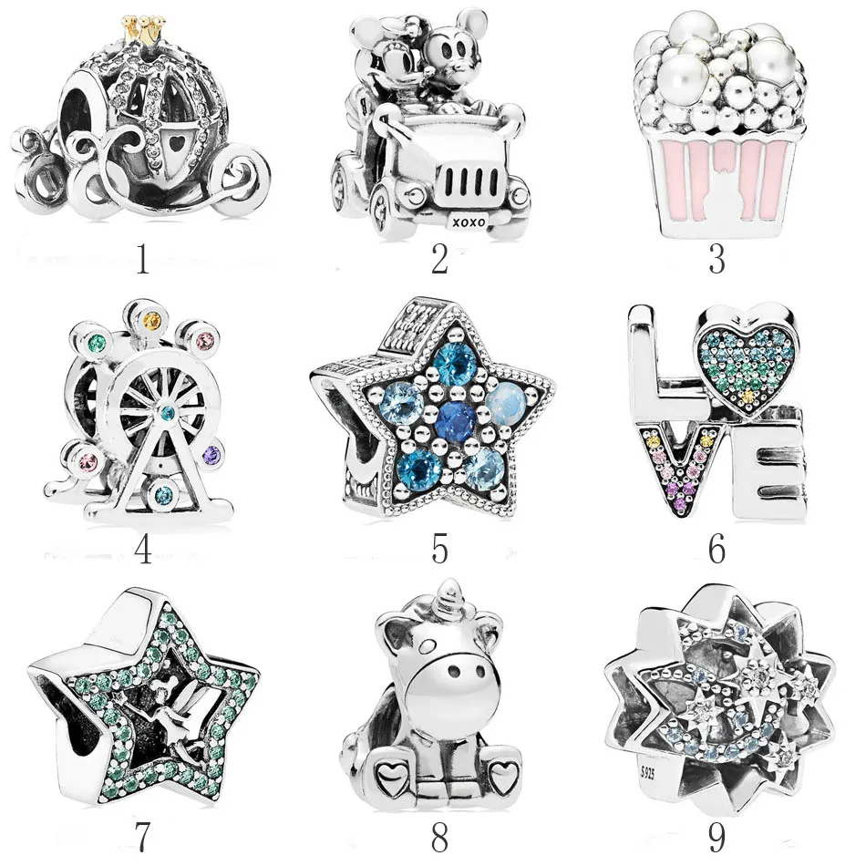 

Authentic 925 Silver DIY Jewelry Mickey Minnie Car Popcorn Love Unicorn Tinker Bell Star Charms fit Lady Bracelet Bangle