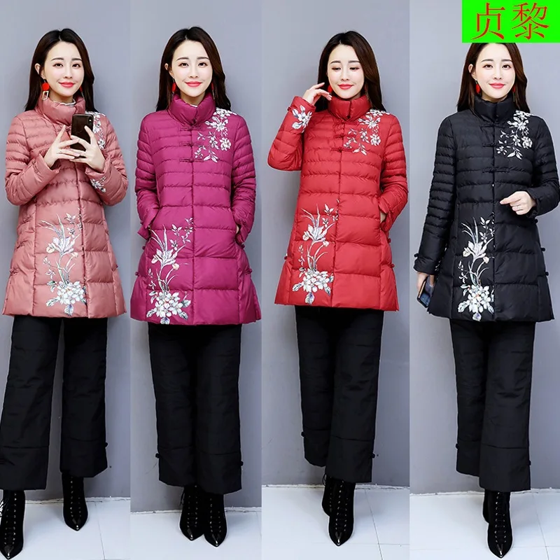 

Chinese-style Vintage Printed Frog Cotton-padded Clothes 2018 New Style Women's Winter Mid-length Slim Fit down Jacket Cotton-pa