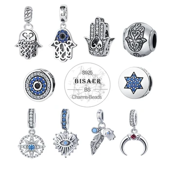 

Authentic 925 Sterling Silver Beads Blue Eyes Fatima Hamsa Hand Charm Beads fit Original PAN Charm Bracelet DIY Jewelry