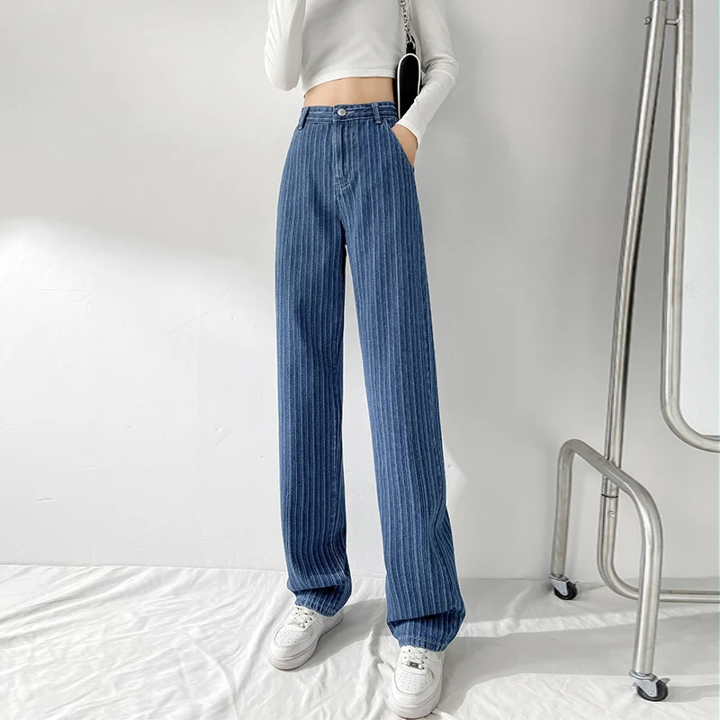2020 Early Spring New Fashion Striped Style Jeans Loose Casual Denim Straight-leg Pants Plus Size Trousers | Женская одежда