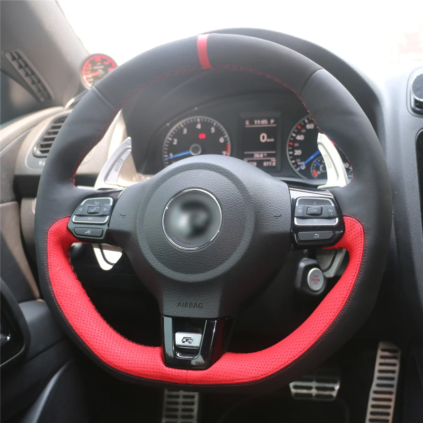 Прошитый вручную черный красный кожаный чехол на руль для Volkswagen Golf 6 GTI MK6 VW Polo GT Scirocco R Passat
