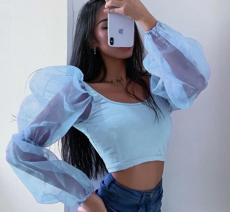 

2020 ins Style Summer New Mesh Stitching Long-Sleeved Vest Female Hot Selling Hot Selling U-Neck Navel Top tops forf ull sleeves