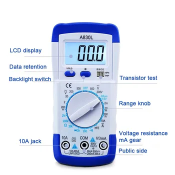 

1Pcs A830L LCD Digital Multimeter AC DC Voltage Diode Freguency Multitester Current Tester Luminous Display with Buzzer Function