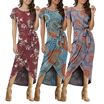 

Free ShippingVintage Floral Maxi Boho Dresses Elegant Beach Sash Sexy V-Neck Split Print Tunic Long Summer Dress Women
